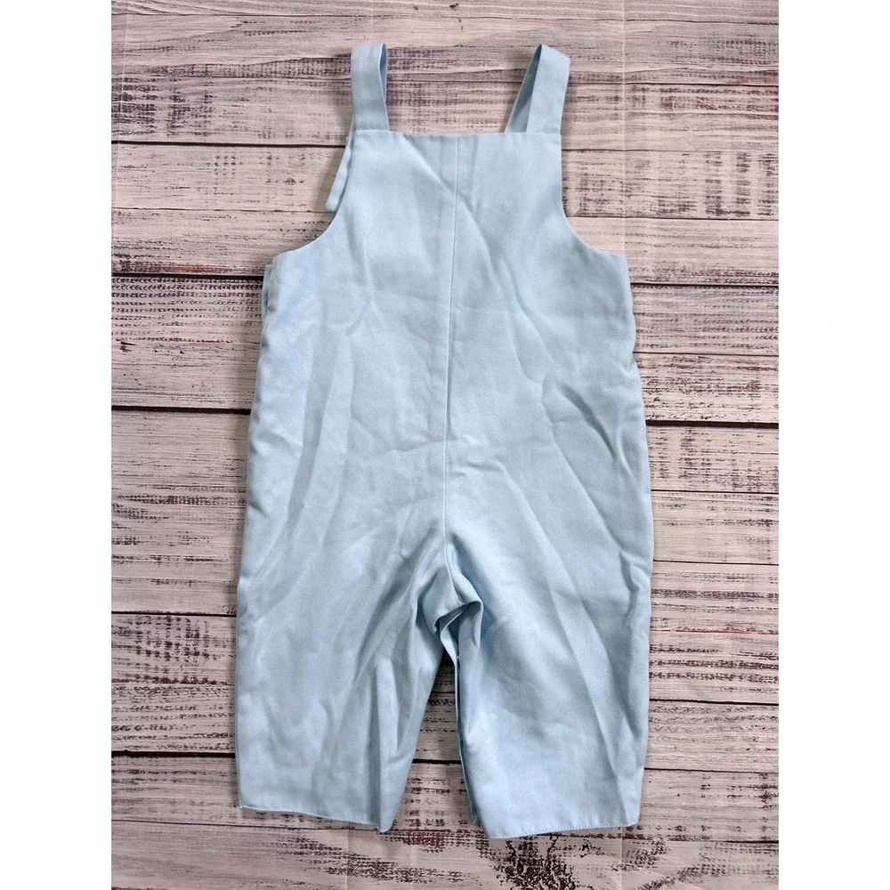 Talbots Kids Vintage Overalls Kids Light Blue Smocked Embroidered Dog Tree 12M
